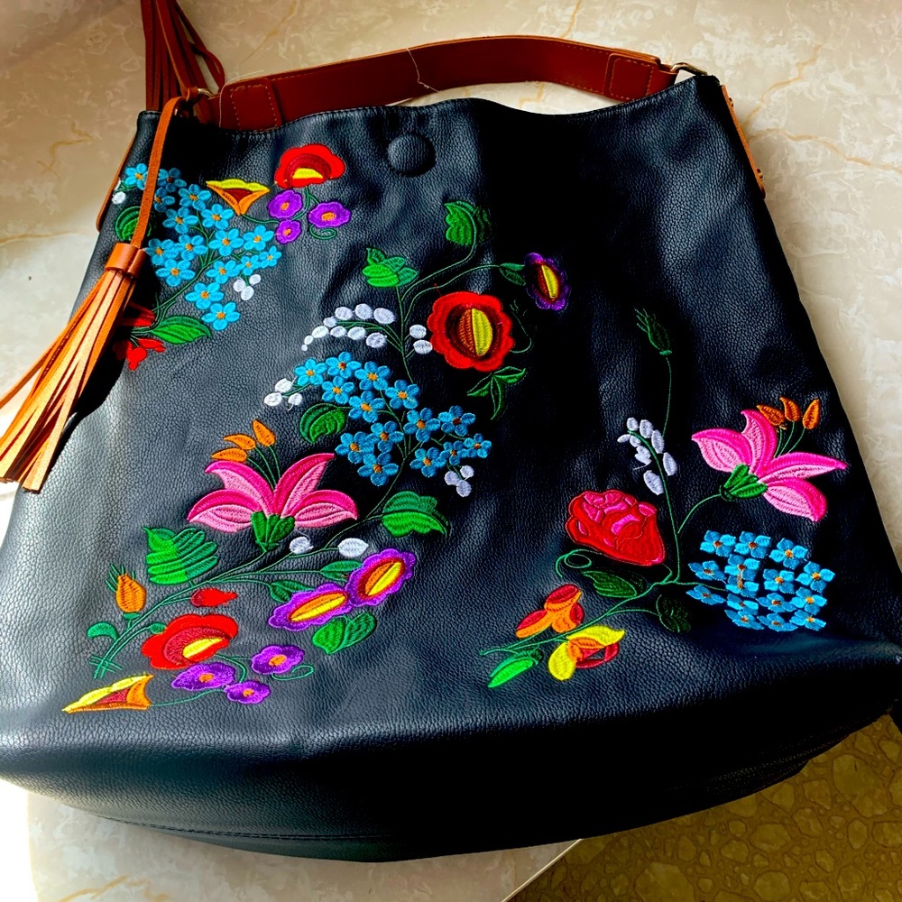 Black Floral Leather Tote